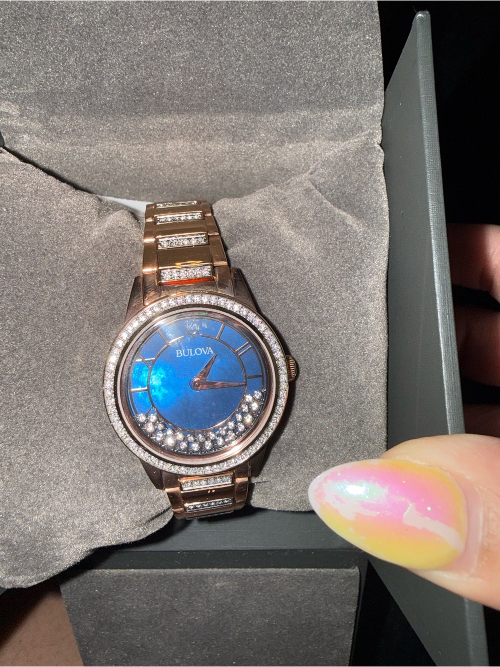 Bulova Rose Gold-Tone Watch with Blue Dial and Crystal Accents